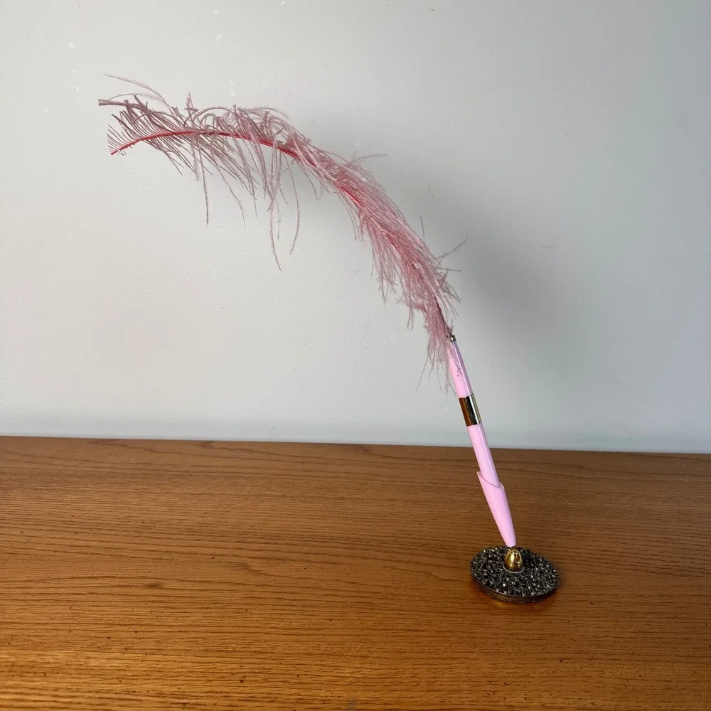 Pink Feather Ball Point Pen with Ornate Base Desk Accessory Writing Tool Event